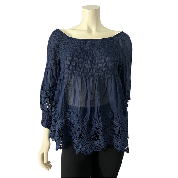 Casting |  Women’s Crochet Trim Smocked Off-The-Shoulder Top Color: Navy - Picture 16 of 17